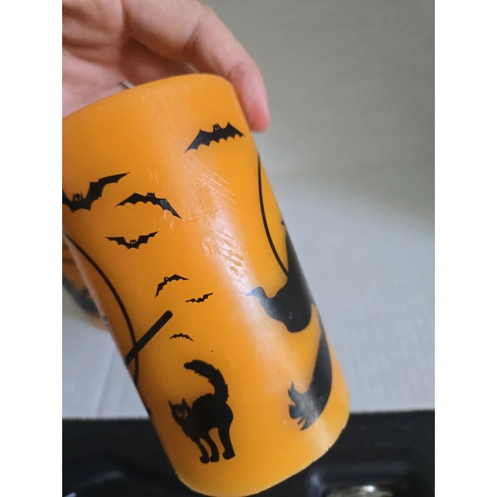 2 Halloween Flameless LED Pillar Candles Orange Black Witch Cat Bats Wax Battey